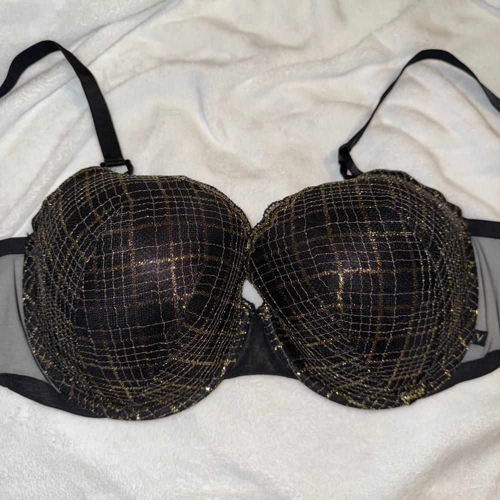 Victoria's Secret Lightly Lined Metallic Lace Bra Black and Gold